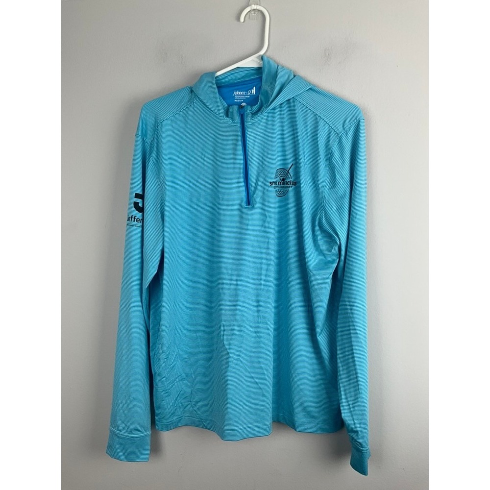 Johnnie O Hoodie Mens Medium Blue Performance UPF Sweatshirt Golf Striped Zip‎
